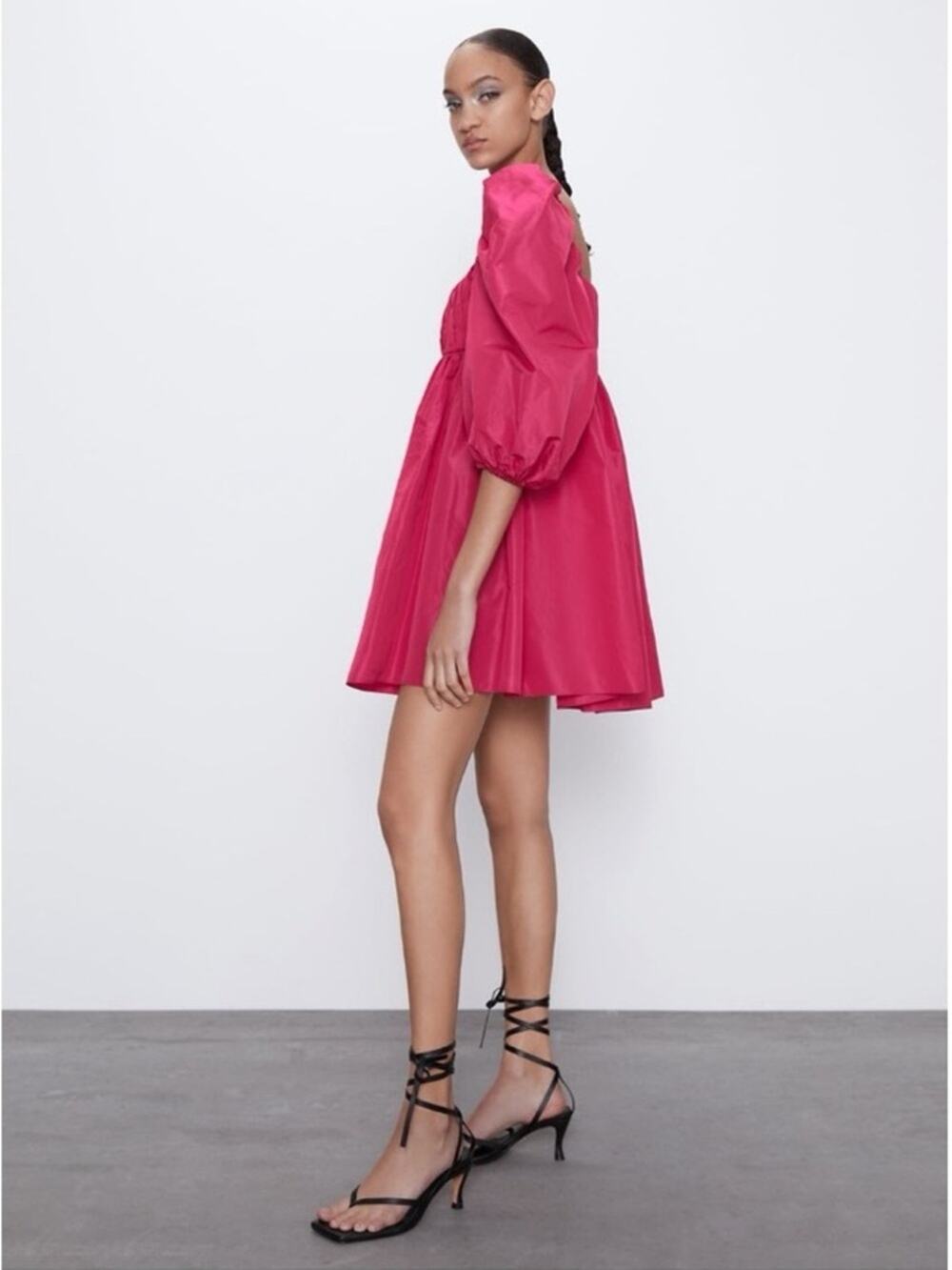 Zara Bubble Sleeve Babydoll Hot Pink Mini Dress Size M